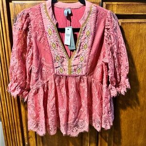 NWT Anthropologie Pink Lace Blouse with Embroidered Details